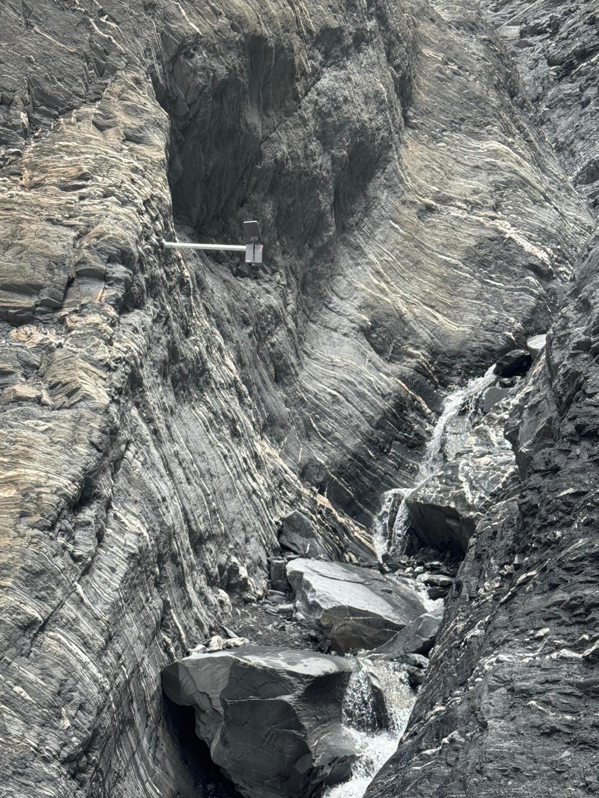 Sensor station in an alpine torrent channel